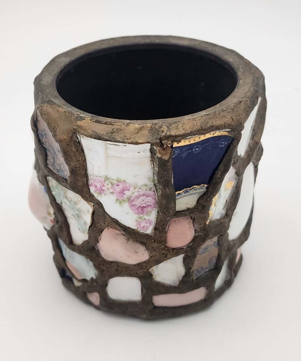 Vintage Folk Art Memory Jar Vase with Pottery Shard Collage 4.5"